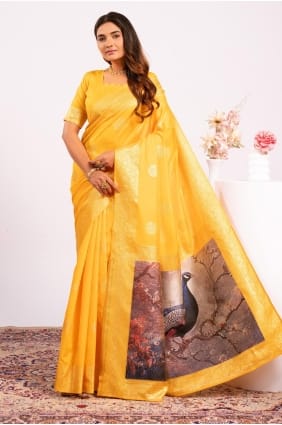 Saree en soie Banarasi en jaune avec Resham, zari SR29455