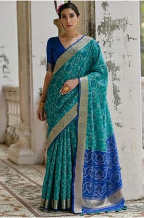 Sari en soie brute avec broderie Resham couleur Firozi SR29245