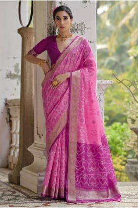 Sari en soie brute rose avec broderie zari SR29248