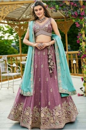 Lehenga Choli en mousseline de soie or rose avec broderies LC8597