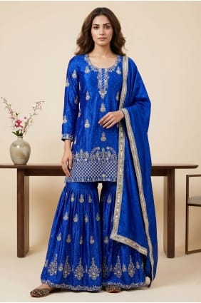 Salwar Kameez en soie brodée bleu roi avec dupatta SS1383