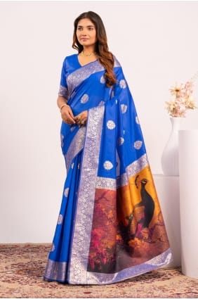 Resham,zari Saree en soie Banarasi bleu royal SR29453