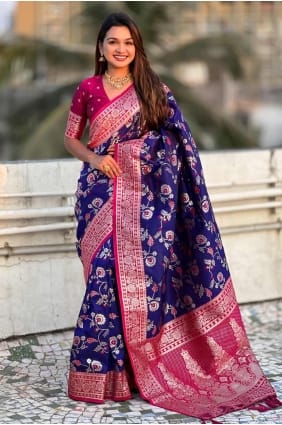sari bleu roi en soie de Banarasi avec tissage SR28354