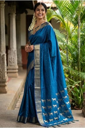 Sari en soie bleu royal avec imprimé zari SR29875