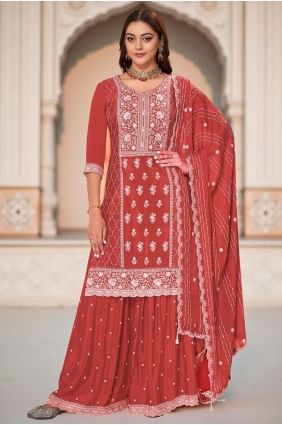 Costume Sharara en mousseline brodée couleur rouille avec dupatta SS1267