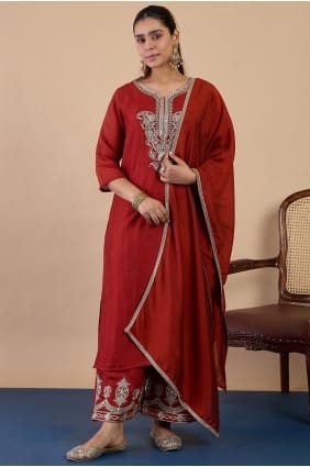 Salwar Kameez en soie brodée couleur rouille SK15760