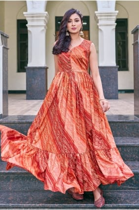 Robe longue en mousseline imprimée rouille avec dupatta GW1318