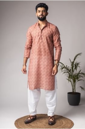 Kurta homme couleur rouille avec imprimé numérique en lin KURR575