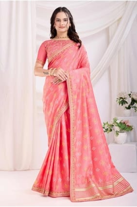 sari rose saumon en soie avec imprimé SR28188