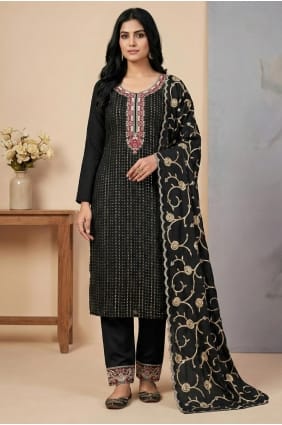 Salwar Kameez en soie noire avec fil SK15633