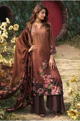 Salwar Kameez imprimé numérique marron en crêpe SK156062