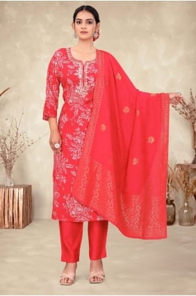 Salwar Kameez en viscose couleur pêche foncé avec broderies SK155926