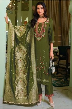 Salwar Kameez en viscose tissée verte SK155814