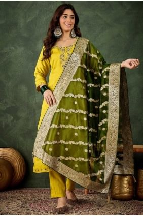 Salwar Kameez brodé en viscose citron avec dupatta SK155691