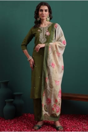 Salwar Kameez olive en viscose brodée avec dupatta SK15738