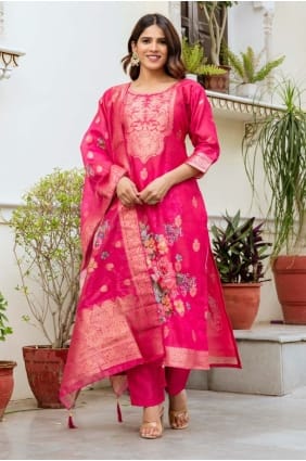Ensemble salwar kameez Chanderi rose avec dupatta SK155883