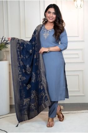 Salwar Kameez en soie tissée bleu acier SK155757