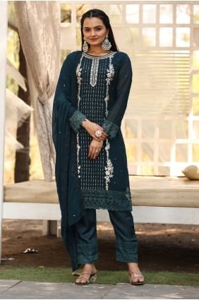 Ensemble salwar kameez en georgette bleu sarcelle avec broderies SK155802