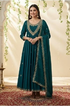 Salwar Kameez bleu sarcelle en soie à sequins AS4272