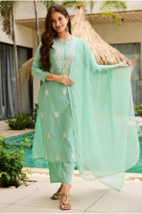 Salwar Kameez turquoise avec coton brodé SK155874