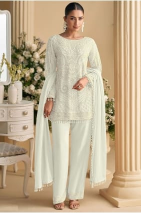 Ensemble salwar kameez blanc à sequins en georgette pour l'Aïd avec dupatta SK155986