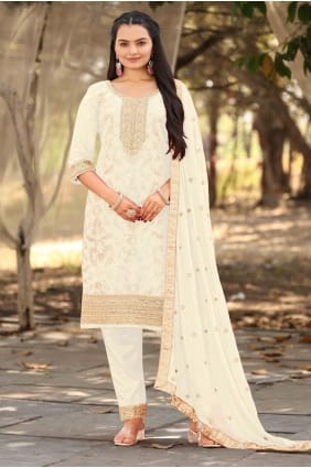 Salwar Kameez blanc pour l'Aïd avec viscose brodée SK155932