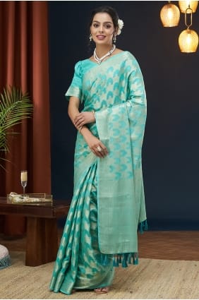 Sari en georgette tissée bleu turquoise SR30227