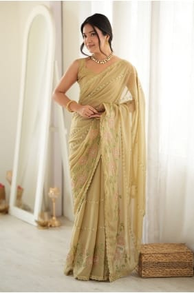 Sari en georgette beige avec chemisier assorti SR30252