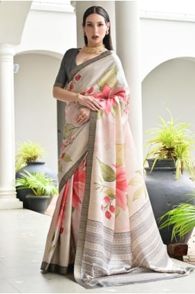 Sari beige en satin imprimé zari SR29773