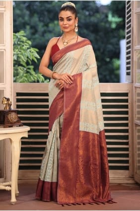 Sari en soie tissée beige SR29160