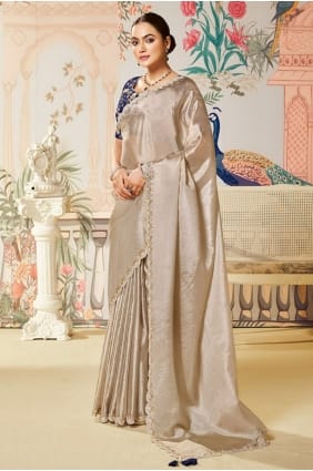 Sari brodé beige en soie Tussar SR29115