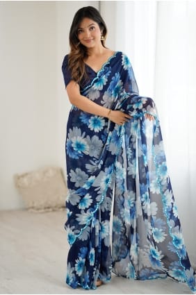 Sari bleu avec miroir, en georgette imprimée SR30068