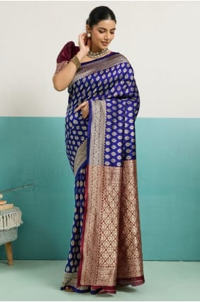 Sari bleu en soie zari de qualité supérieure, avec chemisier assorti. SR29720