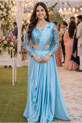Sari bleu satiné brodé avec chemisier assorti SR30149