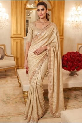 Sari crème en soie orné de perles et de sequins SR30233
