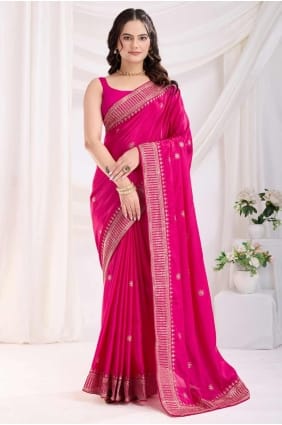 sari en mousseline rose foncé avec broderie SR28194