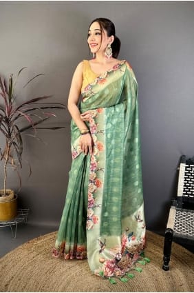Sari en coton vert imprimé SR30061