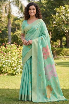 Sari en lin vert tissé SR29820