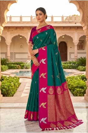 Sari en soie brodée verte SR30206