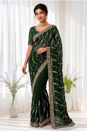 Sari en soie vert orné de sequins et de broderies à la main SR30192