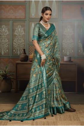Sari en soie verte à imprimé SR30022