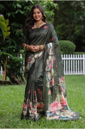 Saree en soie Tussar avec imprimé en vert SR29681