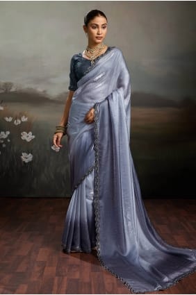 Sari en satin gris brodé SR30030