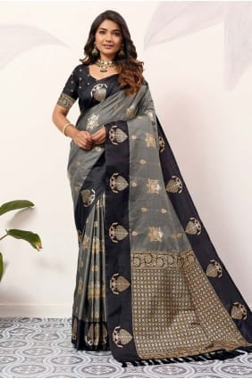 Sari en soie grise tissée SR29654