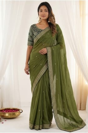 Sari en soie brodé à Mahendi SR30139