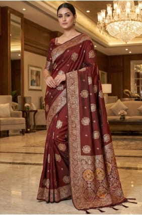 Sari brodé en soie Banarasi marron SR29672