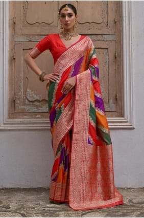 Sari multicolore en soie brute Banarasi tissée SR29241