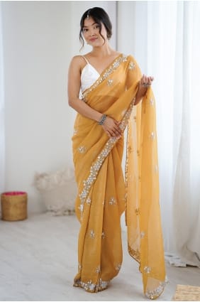 Sari en mousseline à sequins moutarde avec chemisier assorti SR29828