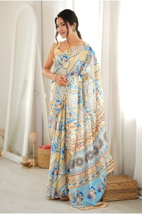 Sari en mousseline Chinon blanc cassé à imprimé miroir SR30287