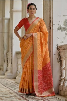 Sari orange en soie brute brodée de fils de soie (resham) avec chemisier assorti SR29246